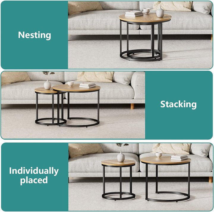 Nesting Coffee Table Set, 23.6" Round, Brown Wood, Adjustable Feet