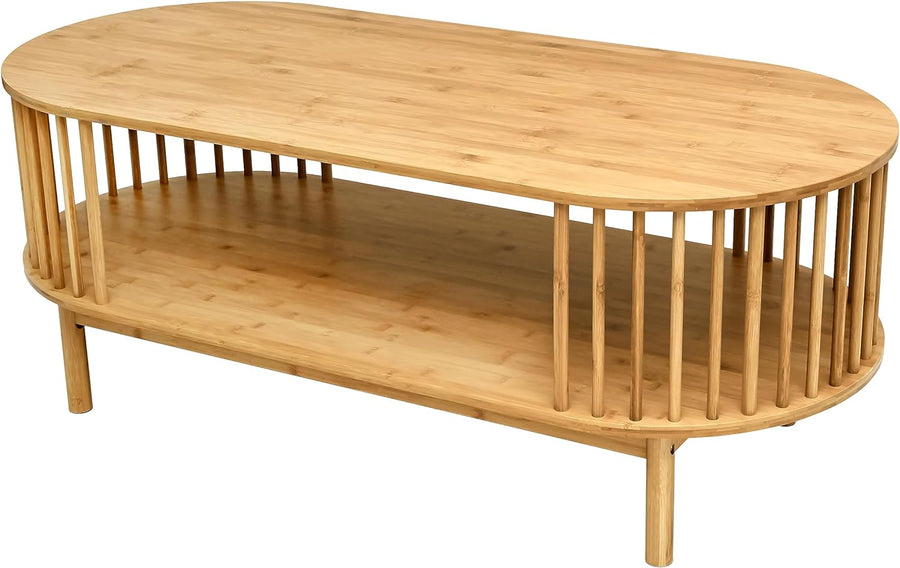 Oval Bamboo Coffee Table with 2-Tier Storage, Farmhouse Center Table, Natural