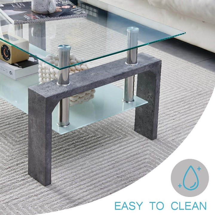 Elegant Rectangle Coffee Table, Wooden Legs, Glass Tabletop, Grey Marble