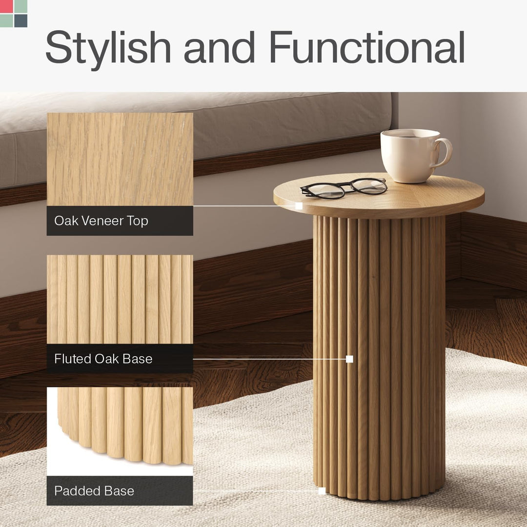 Round Fluted Accent Side Table - Natural Oak