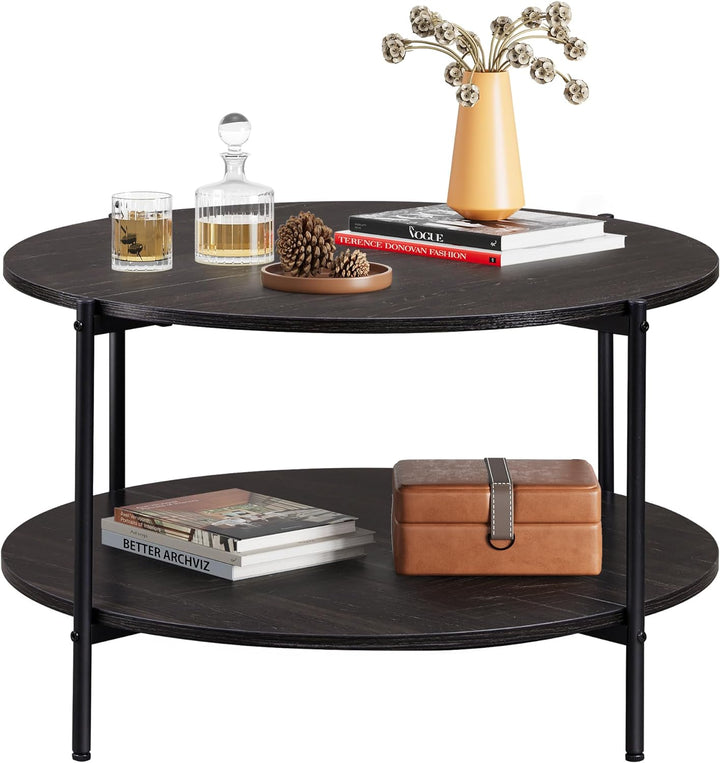 Stylish 2-Tier Round Coffee Table with Storage Shelf, Charcoal