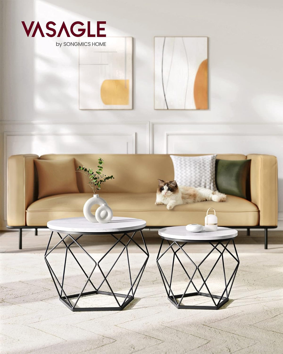 Stylish Small Coffee Table Set, Round Side Tables, Marble White Black