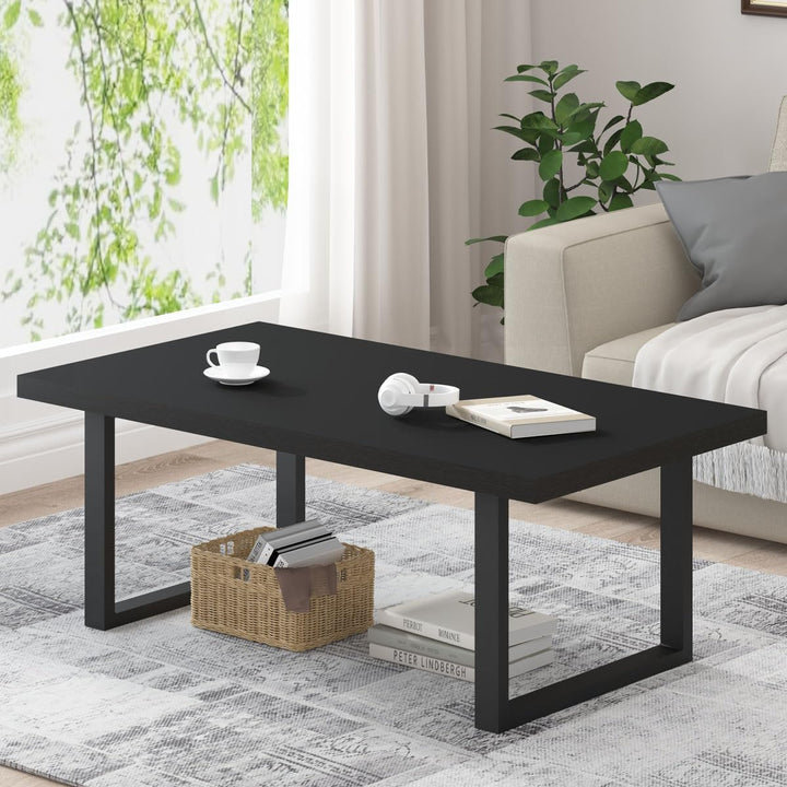 Modern Black Coffee Table, Minimalist Industrial Wooden Center Table, Farmhouse Rectangle Living Room Table, Black Oak