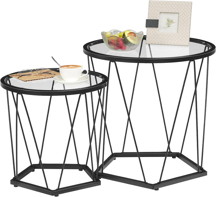 Small Coffee Tables Set, Round Glass Top End Tables, Black