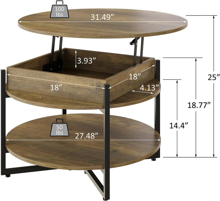 Round Lift Top Coffee Table, Modern Small Circle, Farmhouse Wooden, Brown