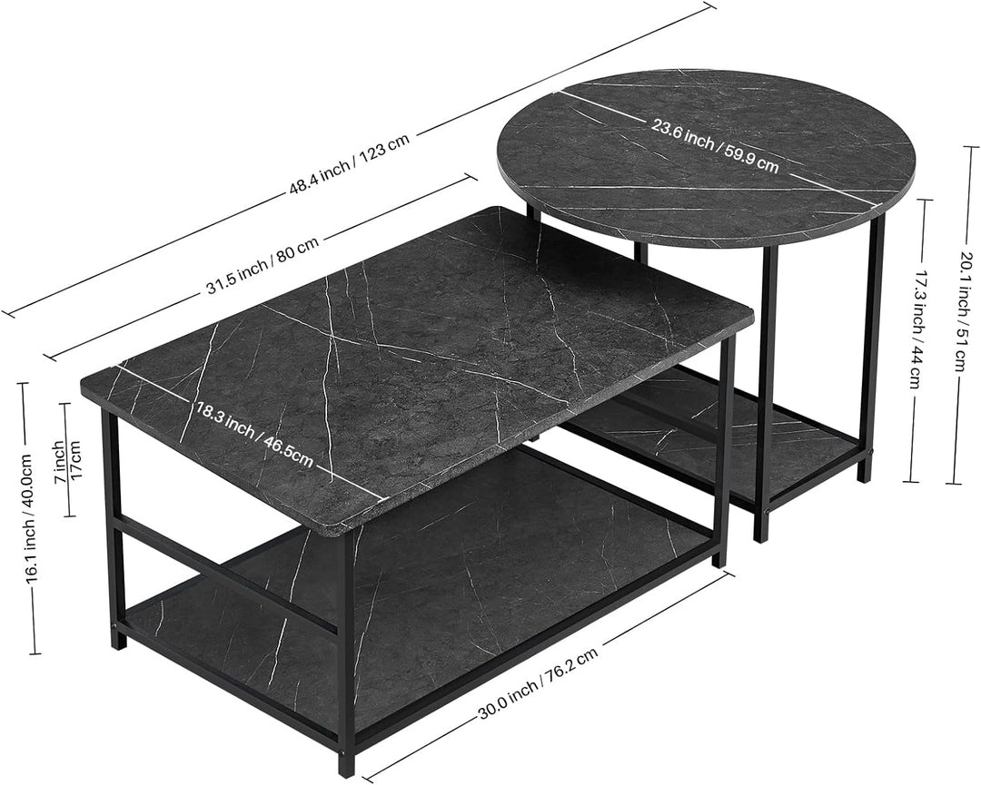 Sleek Modern Coffee Table Set, Detachable Center Table, Black Marble