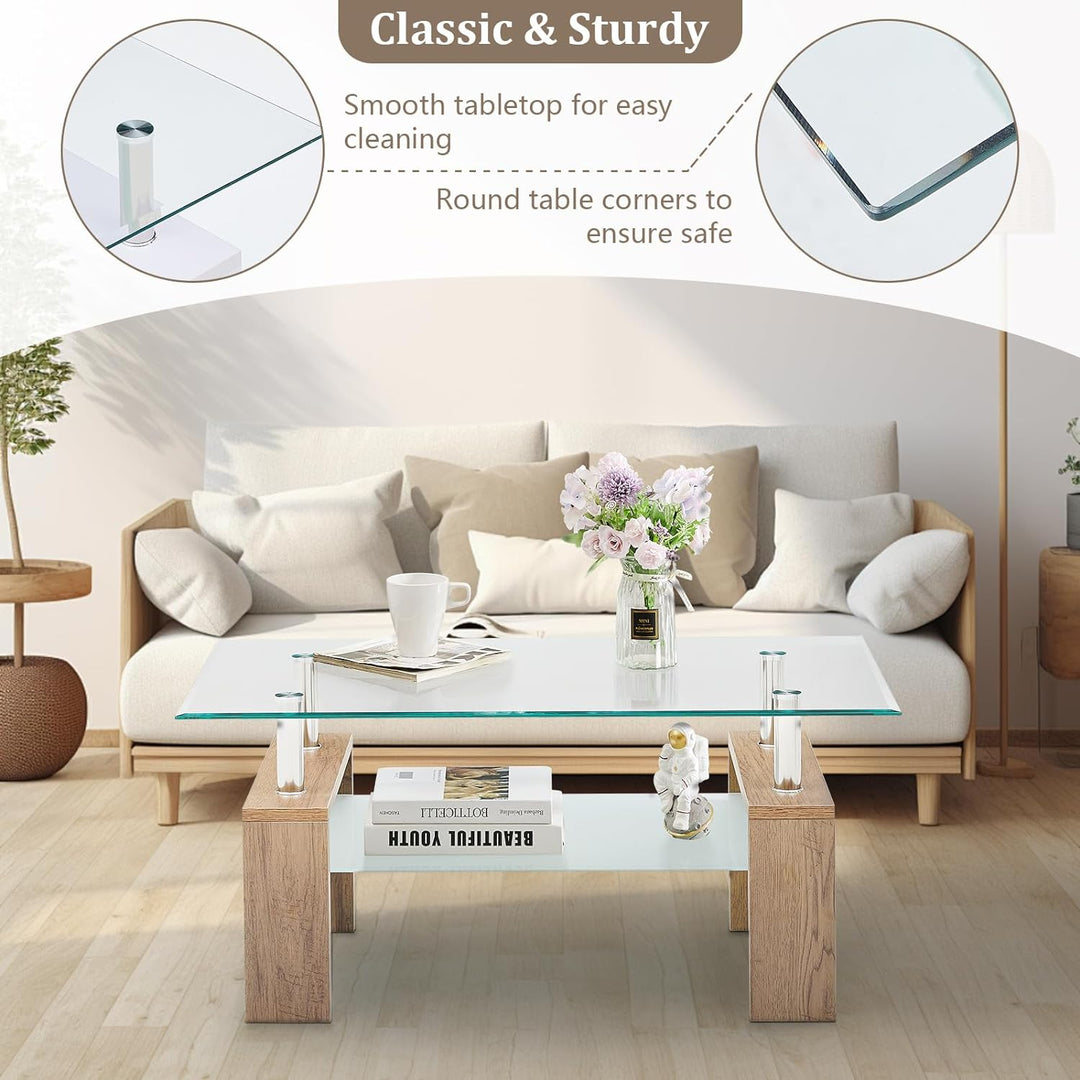 Modern Rectangle Coffee Table, Tempered Glass, Open Shelf, Natural