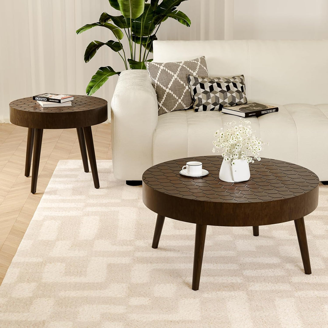 Stylish Round Nesting Coffee Table Set, Honeycomb Pattern, Wood Grain