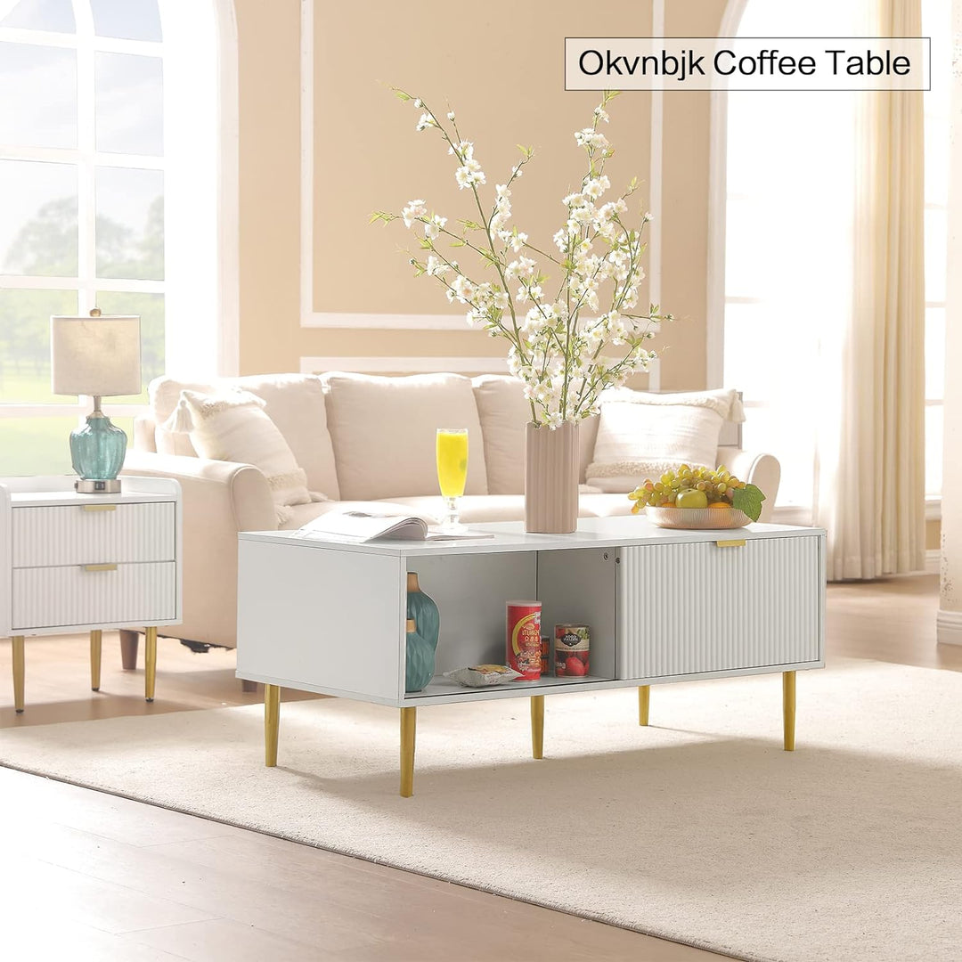 Stylish Modern Coffee Table with Sliding Door Storage, White