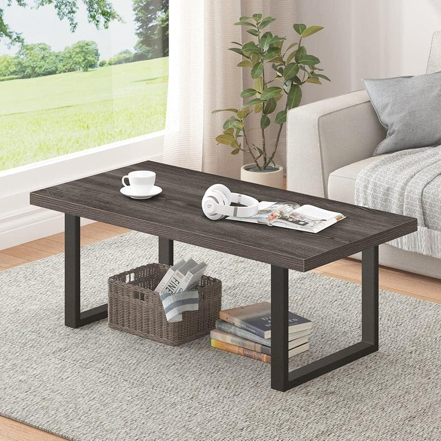 Rustic Coffee Table, Wood and Metal Simple Industrial Modern Center Table, Dark Gray Oak