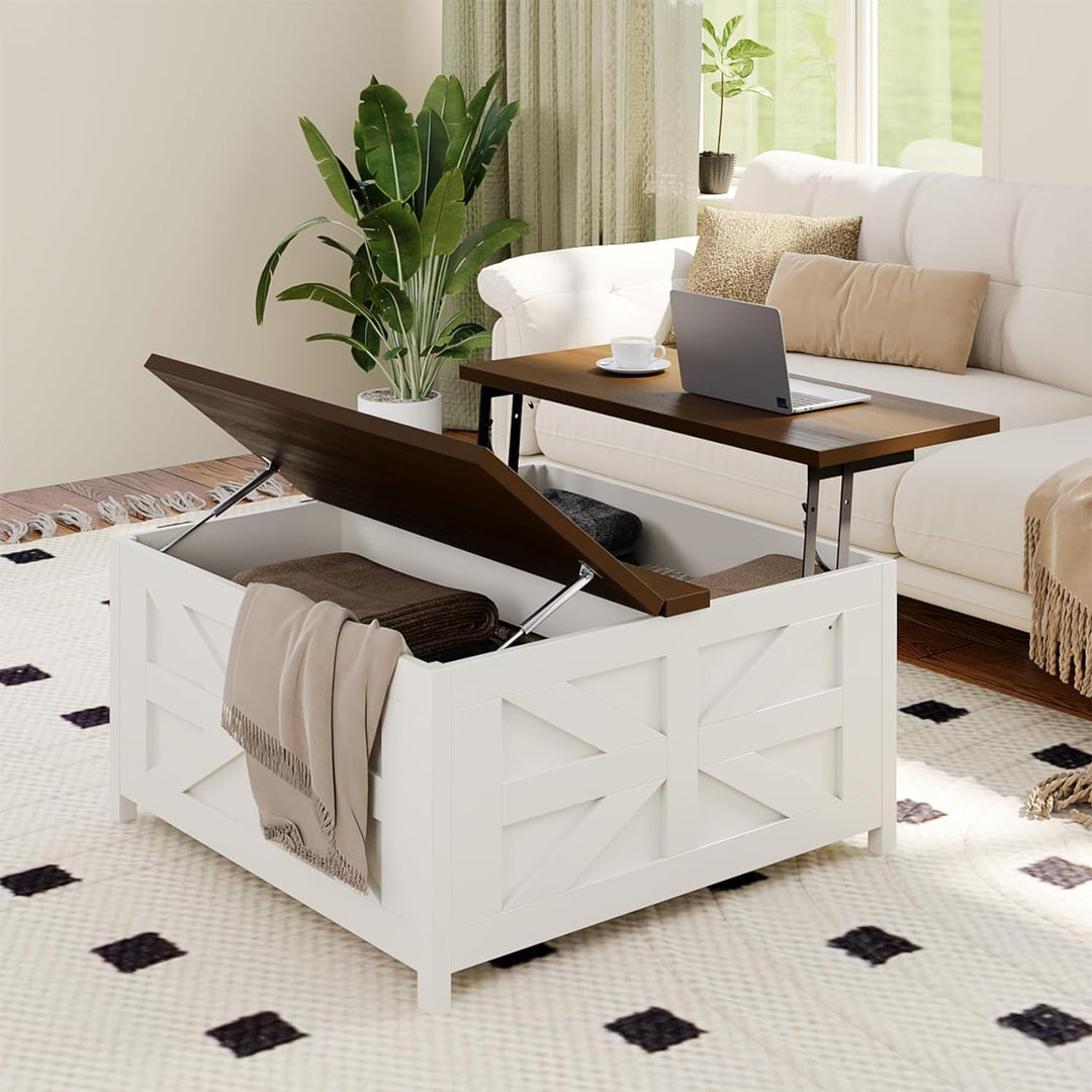 Farmhouse Lift Top Coffee Table with Hidden Storage, Charging Station, USB Ports, White