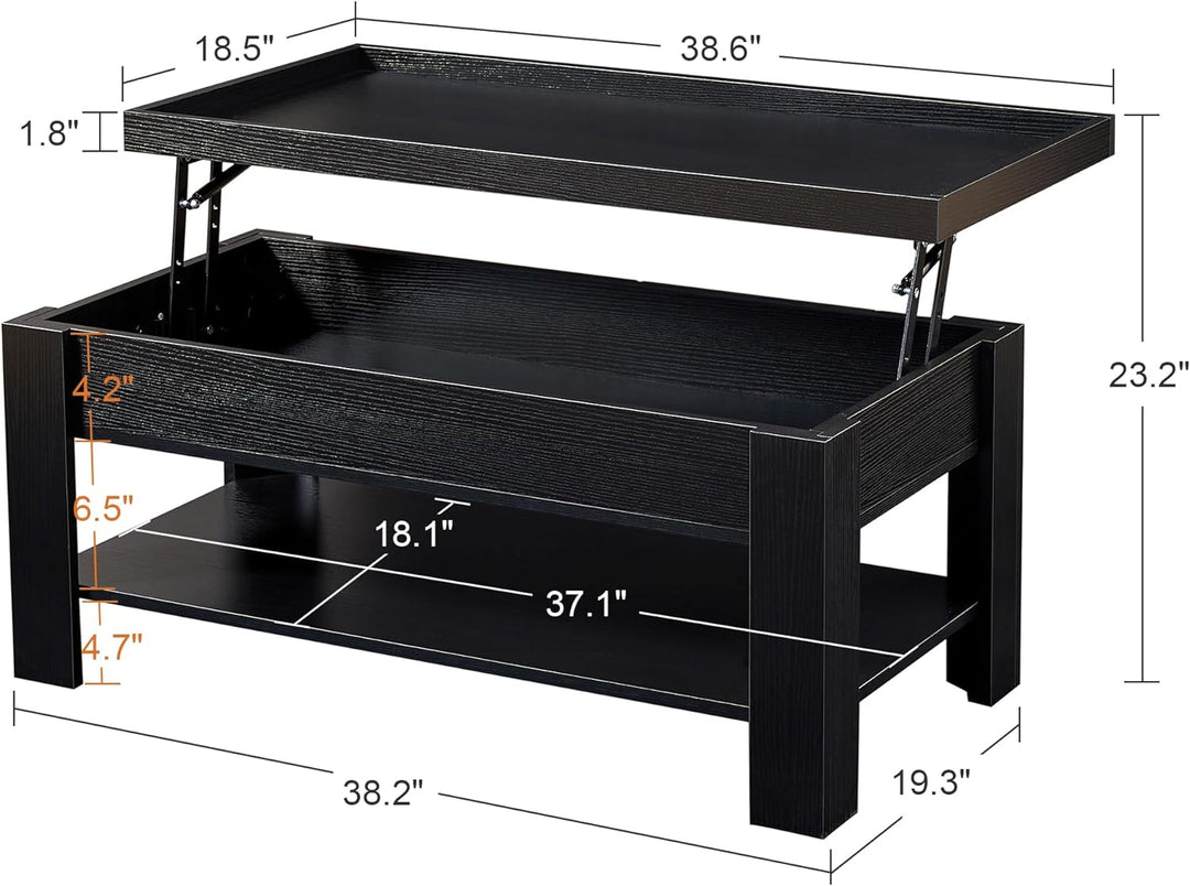 Lift Top Coffee Table with Hidden Storage, Dark Black