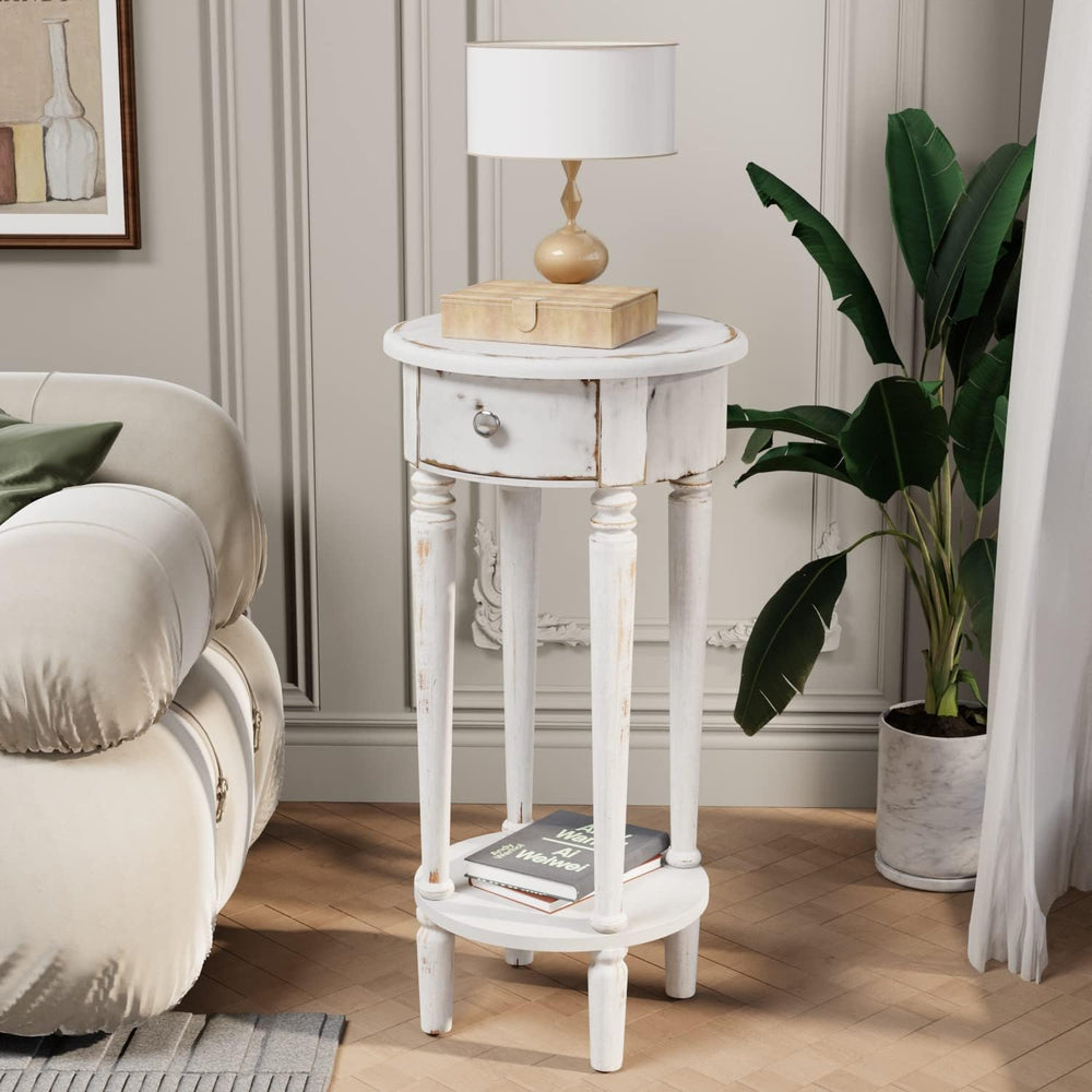 Tall End Table with Drawer Sets of 2, Round Bedside Table with Storage Shelf