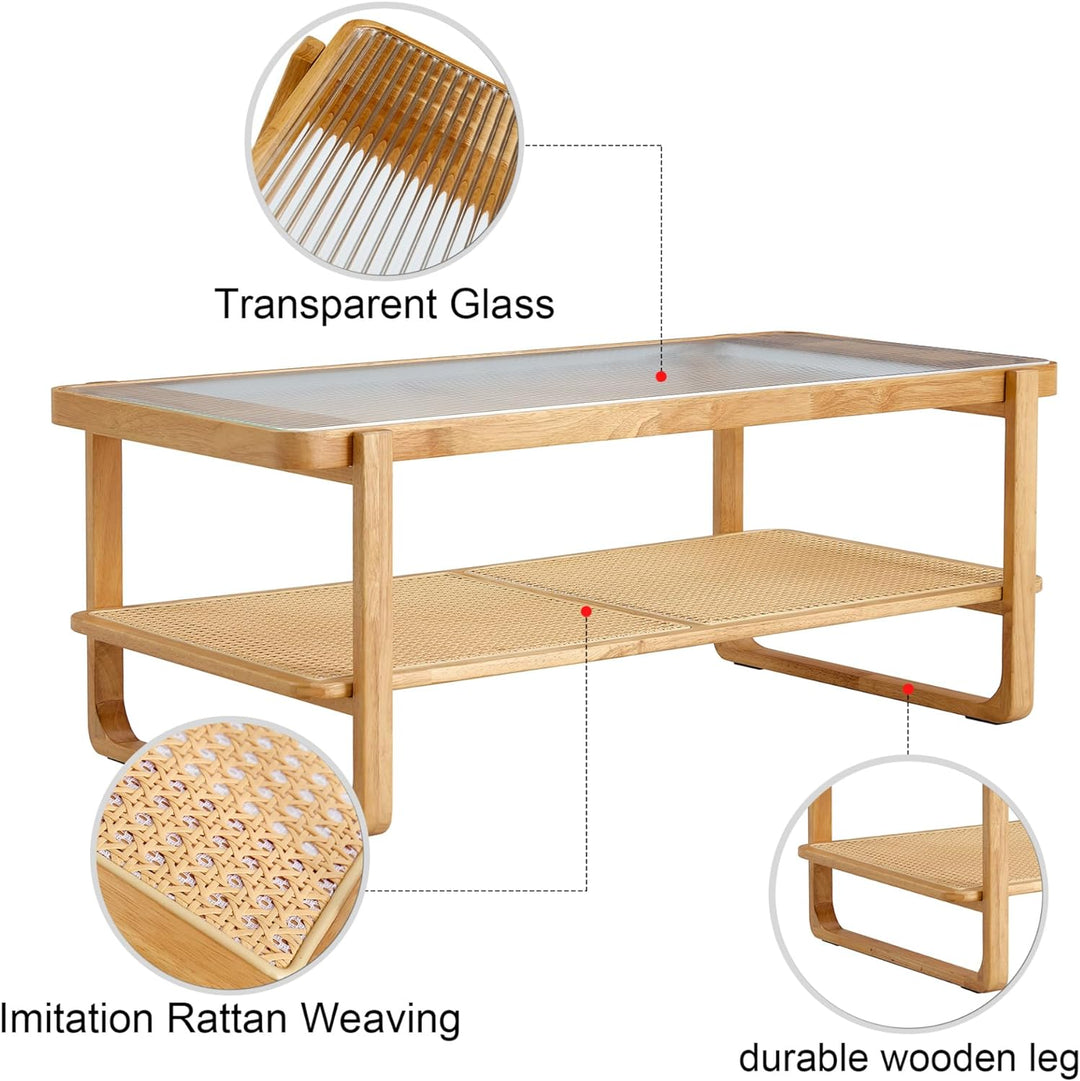 Stylish Modern Rectangle Coffee Table, 45", Solid Wood and Rattan