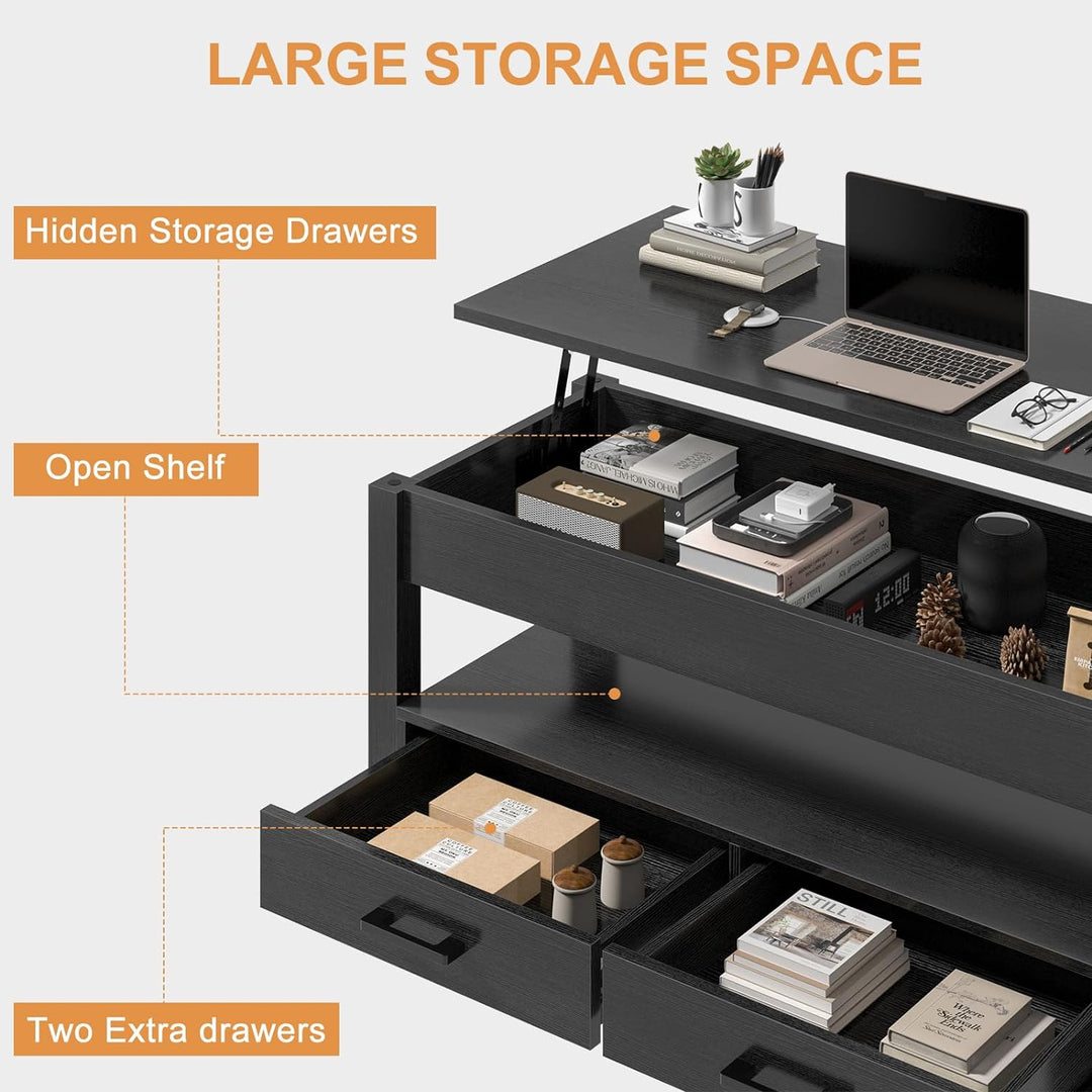 Lift Top Coffee Table with Storage, Open Shelf, Black