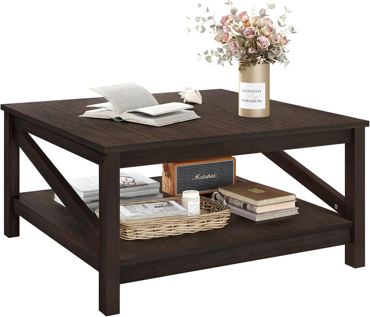 Versatile 2-Tier Square Coffee Table with Storage, Espresso