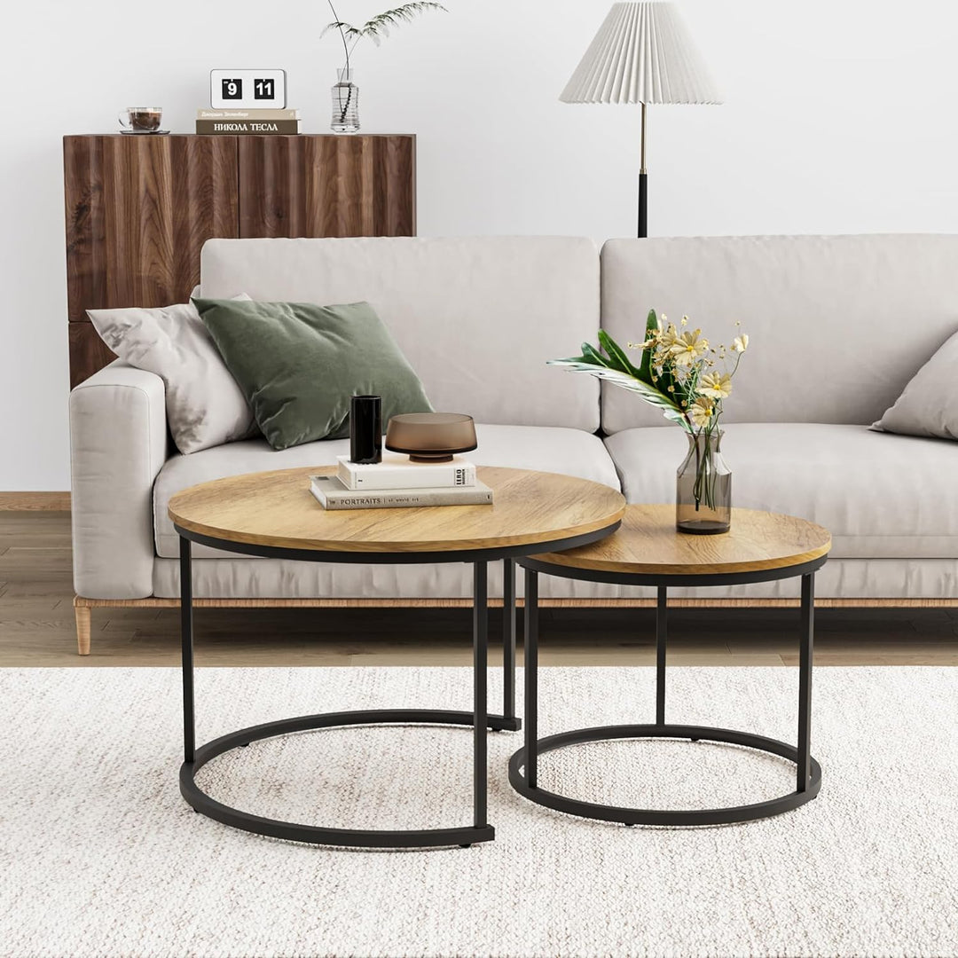 Nesting Coffee Table Set, Round Wood Grain Top, Adjustable Feet, Brown-black 27.6