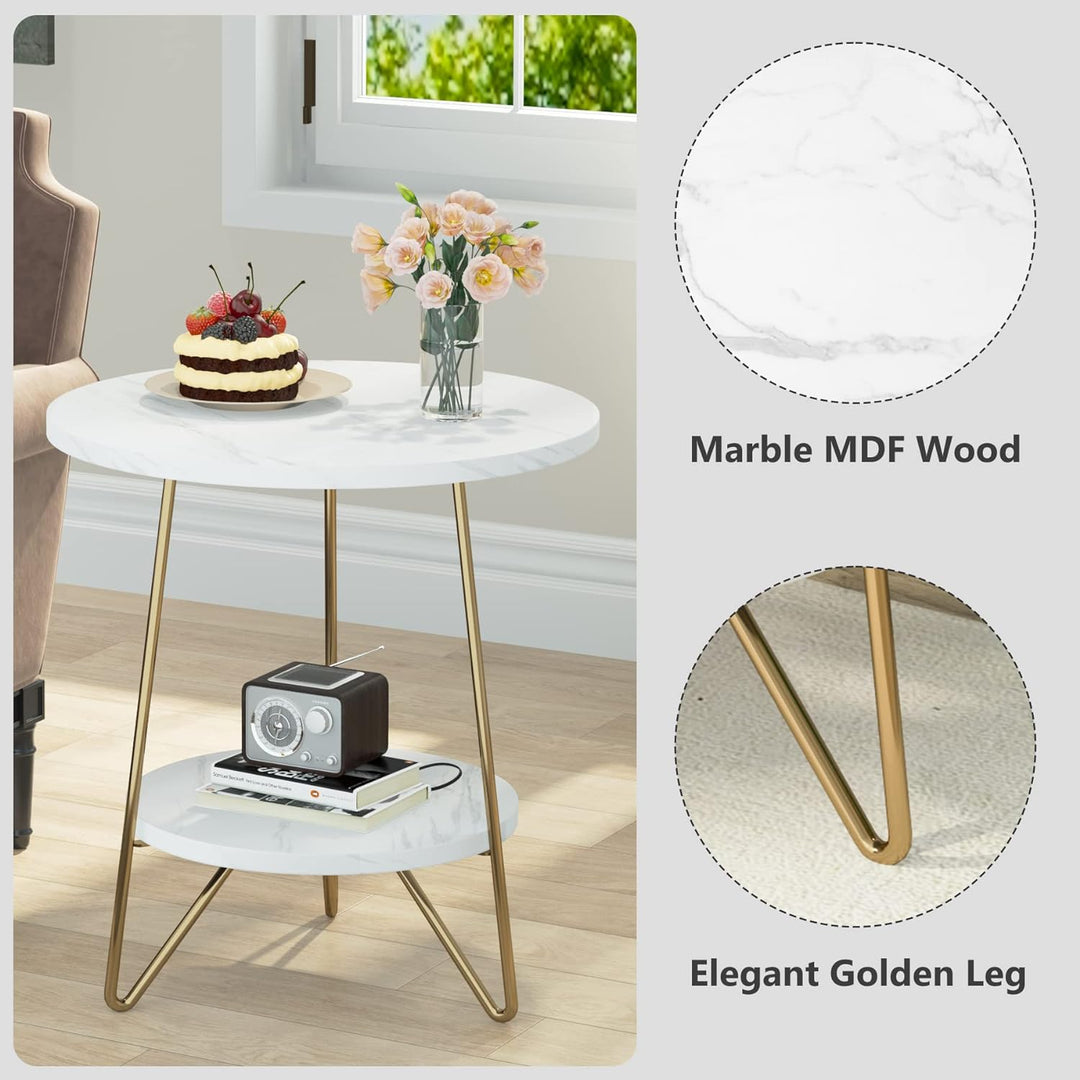 2 Tier Faux Marble End Table, White Gold