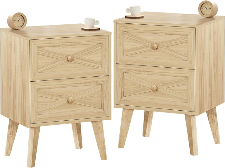 Nightstand Set of 2, Natural End Table with 2 Drawers