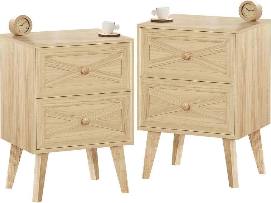 Nightstand Set of 2, Natural End Table with 2 Drawers