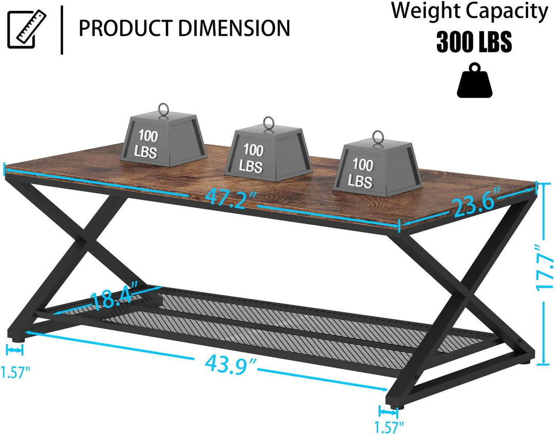 Rustic Coffee Table with Storage, Industrial 2-Tier Center Table, Rustic Brown