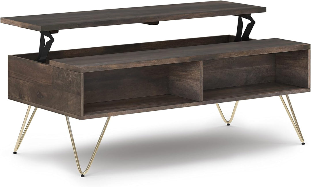 Solid Mango Wood and Metal Industrial Lift Top Coffee Table, Ebony