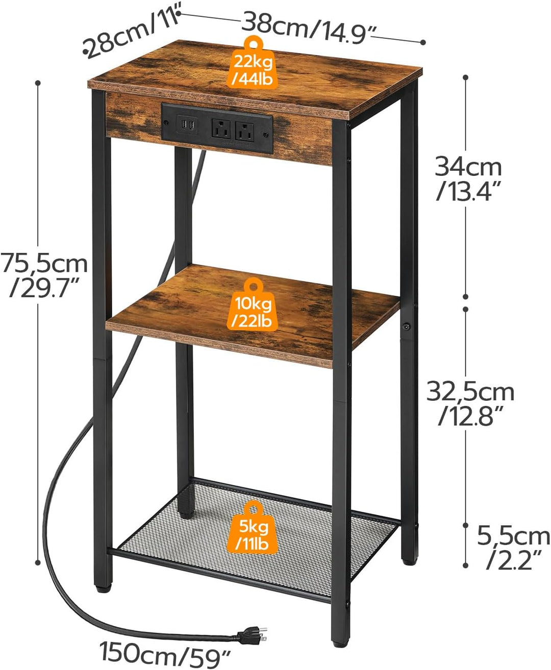 Tall End Table w/ Charging Station, 3-Tier, Rustic Brown