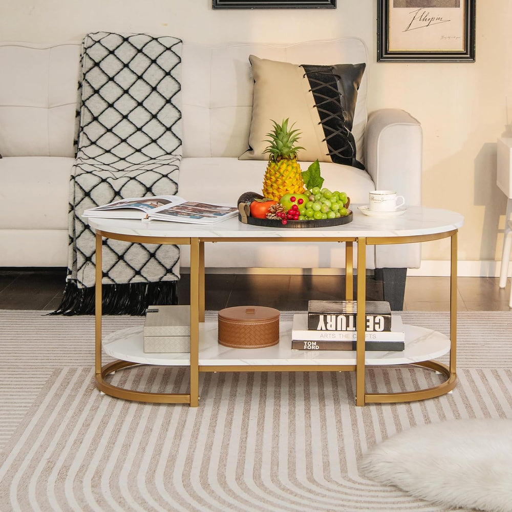 Modern Oval Coffee Table, Faux Marble White & Gold