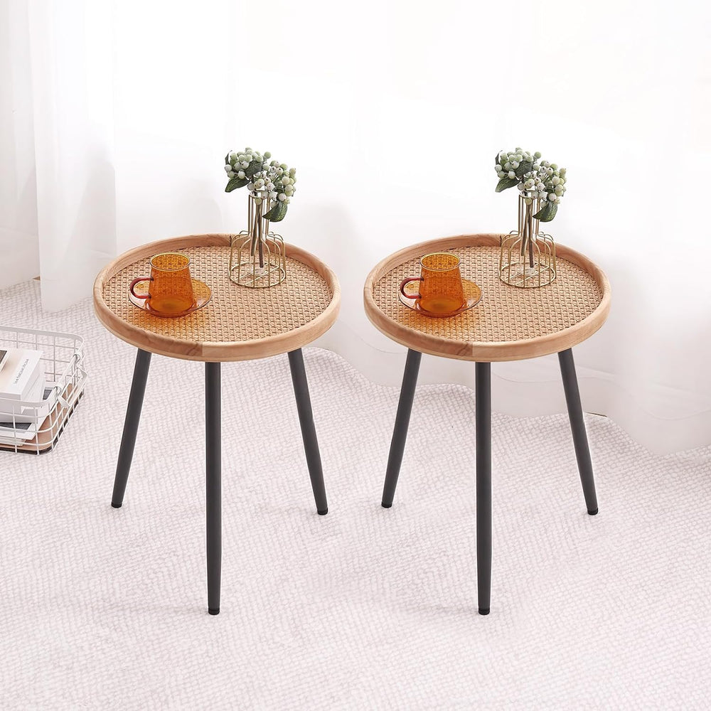 2 Pack Rattan Round End Table Nightstand Wood Tables