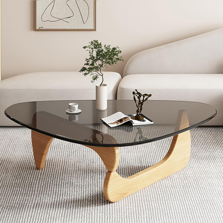 Triangle Glass Coffee Table, Mid-Century Modern End Table, Living Room (Raw Wood/Grey)