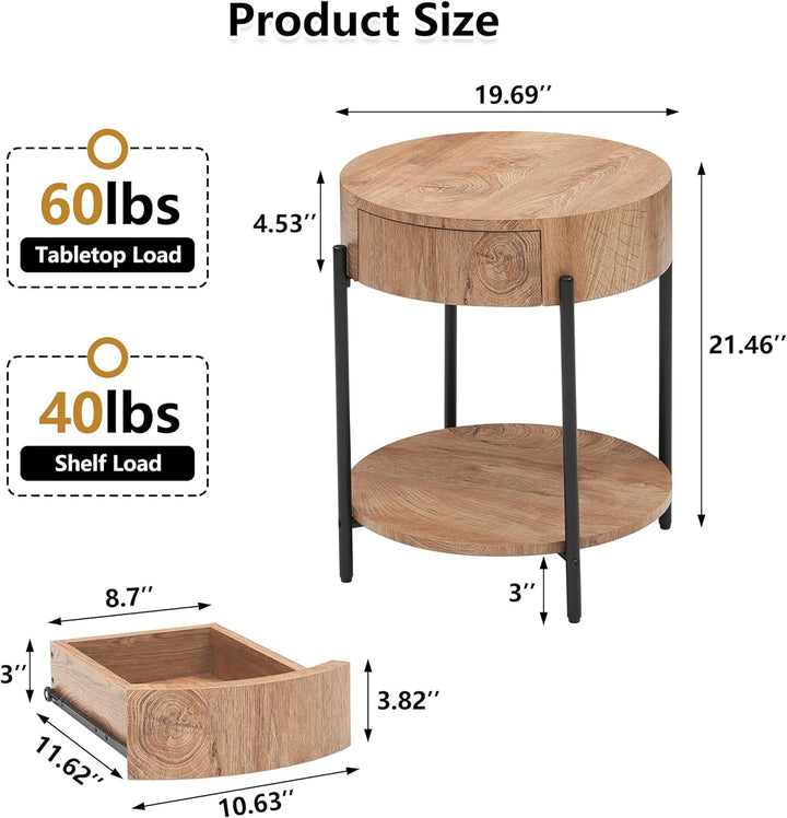 2-Tier Round End Table Wood Design Drawer