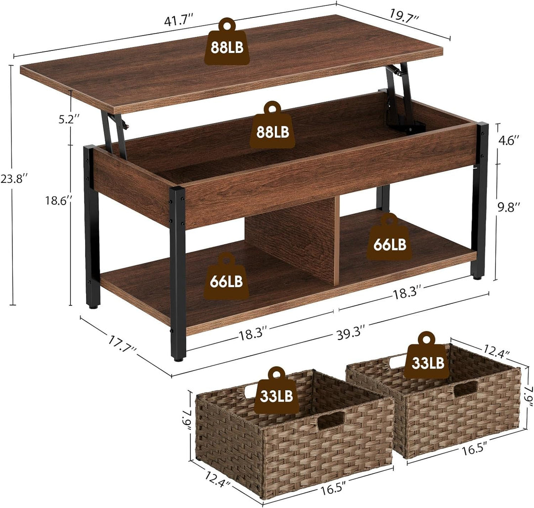 Lift Top Coffee Table with Hidden Storage, Rattan Baskets, Espresso