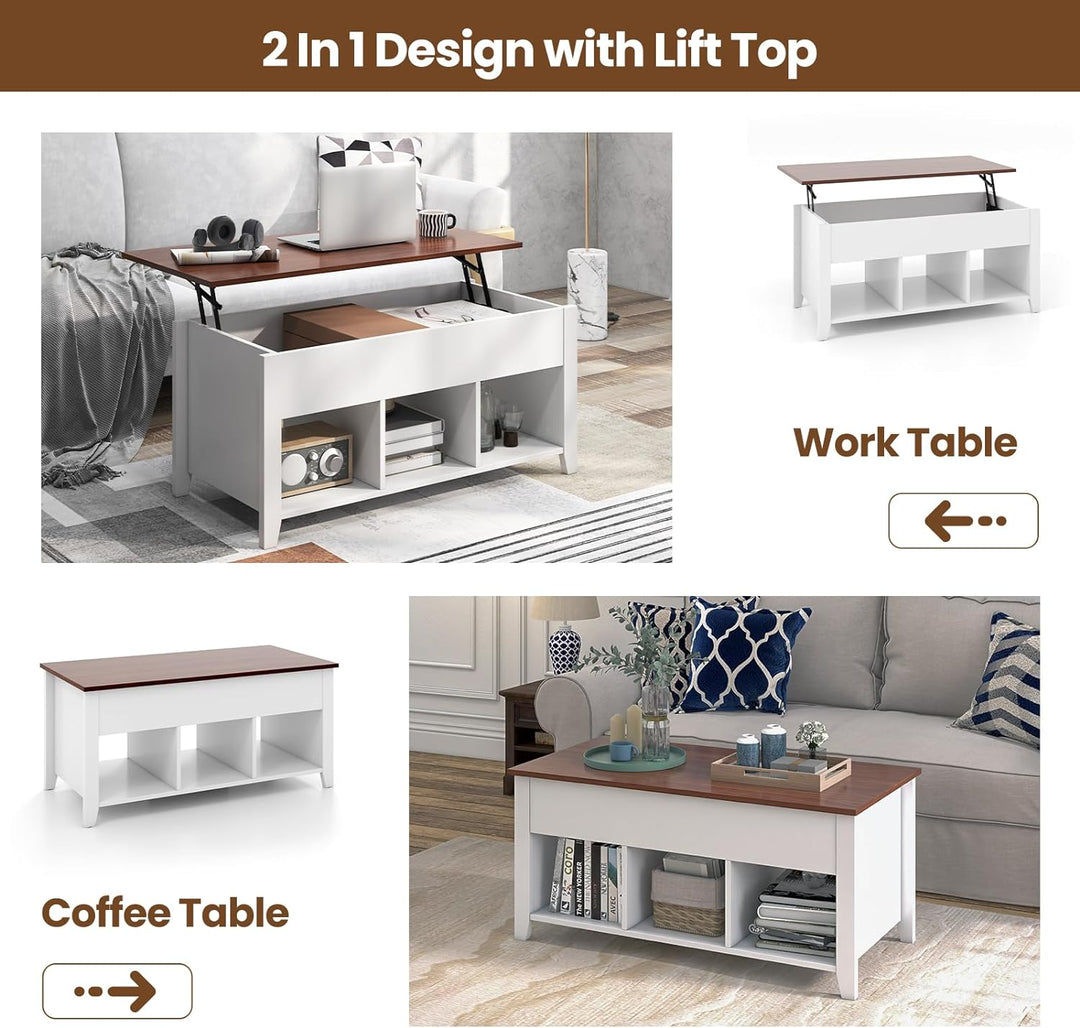 Lift Top Coffee Table with Hidden Compartment, 3 Shelves, White