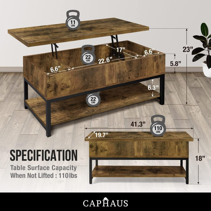 CAPHAUS Lift Top Coffee Table with Storage, Rustic Oak