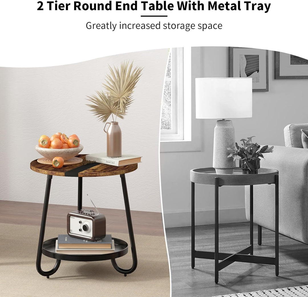 Versatile Industrial-Style Round End Table with Metal Tray, Rustic Brown