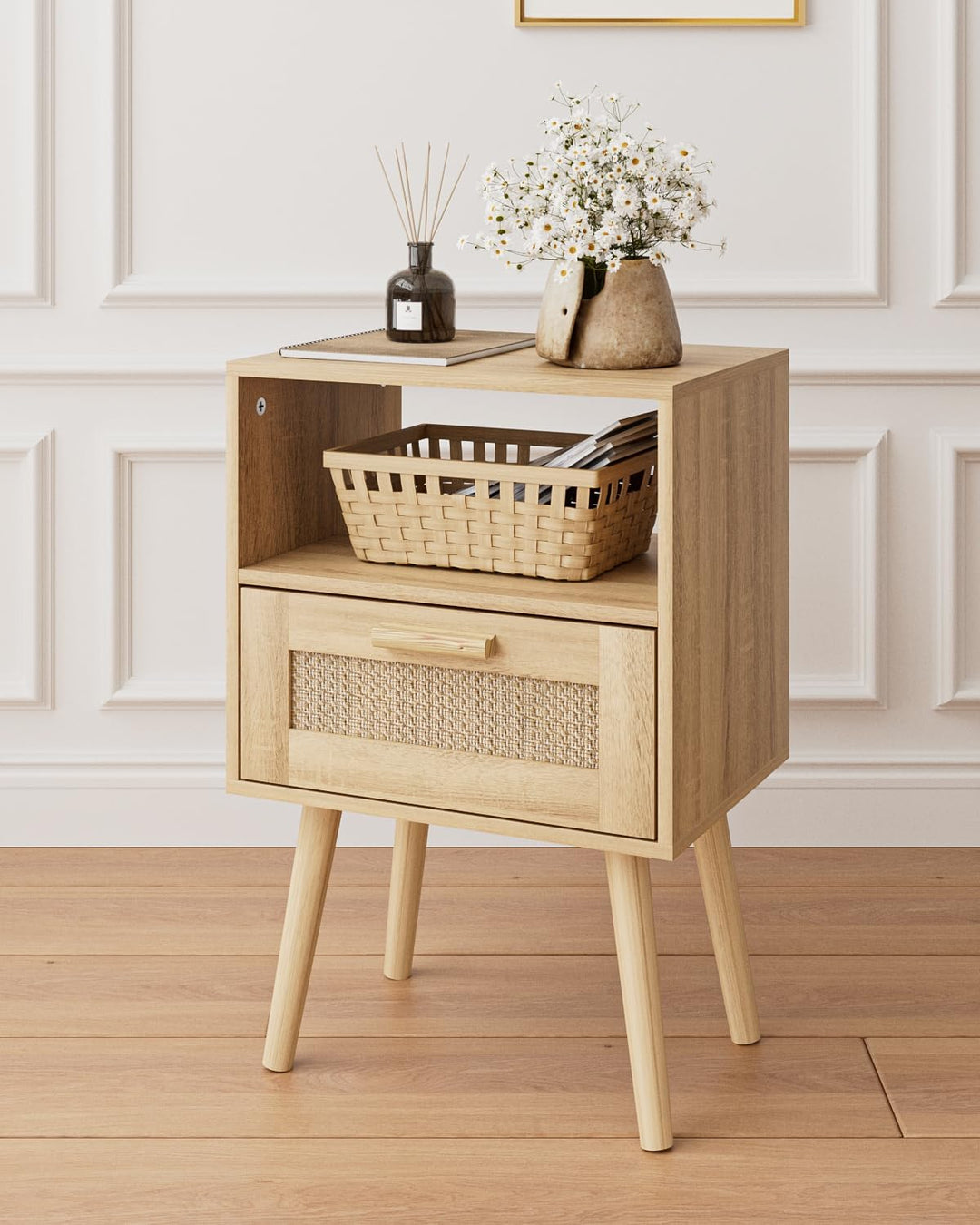 Rattan Nightstand, End Table with Storage for Bedroom