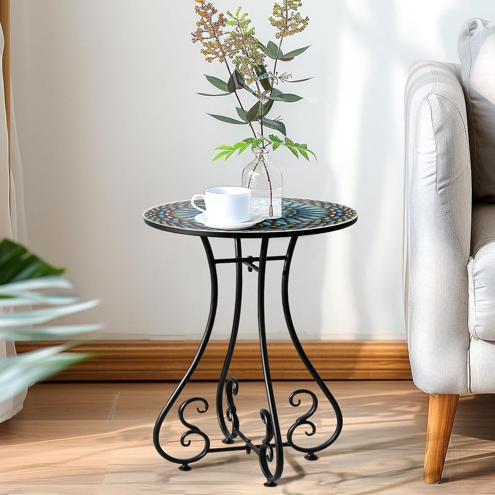 16" Round End Table, Metal Scrollwork Accent Side Table, Classic Brown