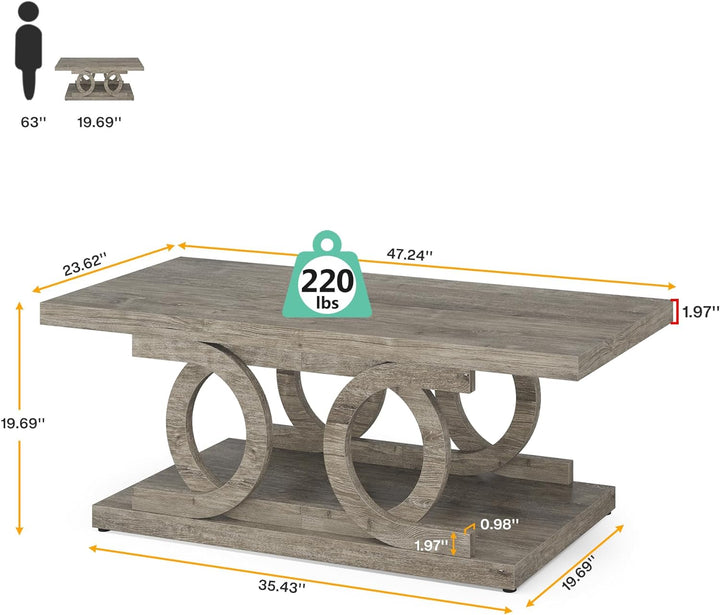 Rustic Farmhouse Coffee Table, 47-Inch Rectangular Wood, Grey