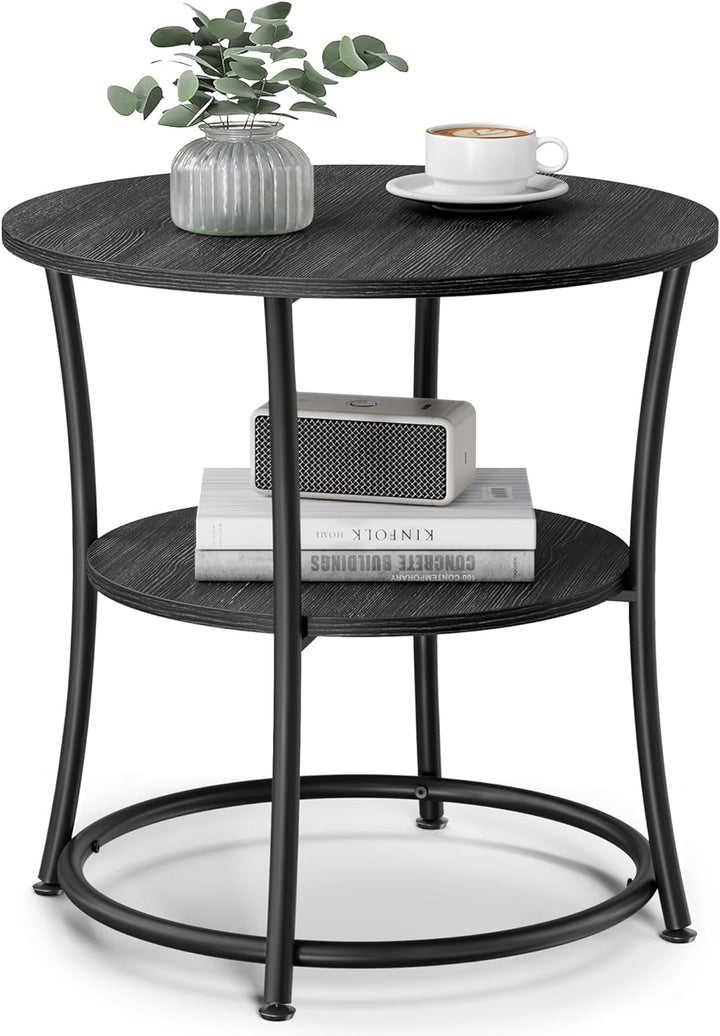 Round End Table 2 Shelves Steel Frame Charcoal