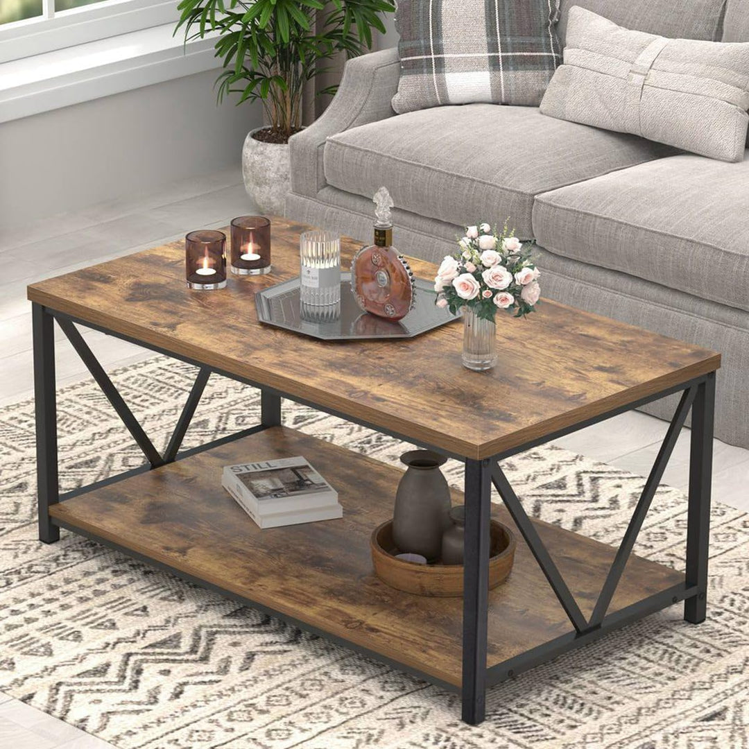 Modern Industrial Coffee Table with Storage Shelf, Rustic Brown