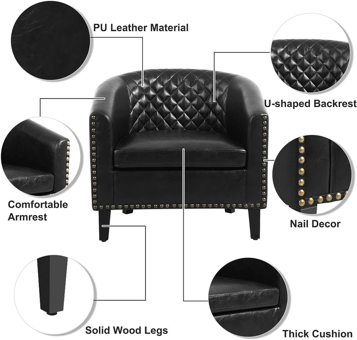 Armchair Barrel Club Chair,Modern PU Leather Accent Chair Arm Club Chair w/Nailheads and Solid Wood Legs,Tub Barrel Style Lounge Chair (Black)