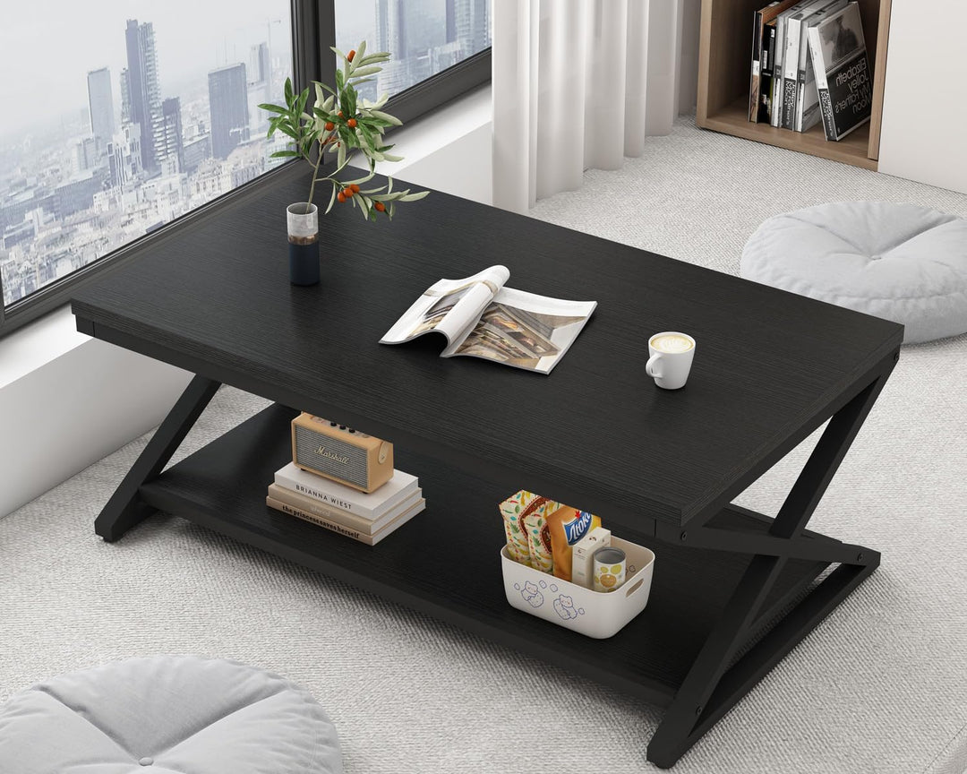 Minimalist Industrial Black Oak Coffee Table, 47-Inch Rectangle