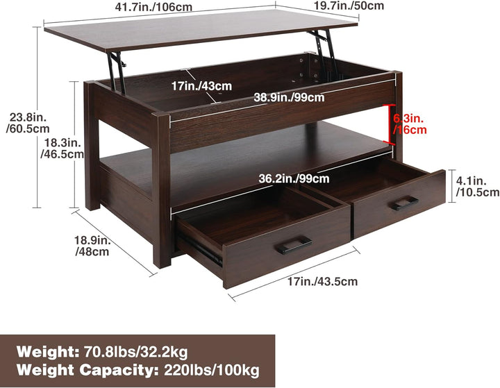 Lift Top Coffee Table w/ Storage, Drawers & Hidden Compartment, Espresso