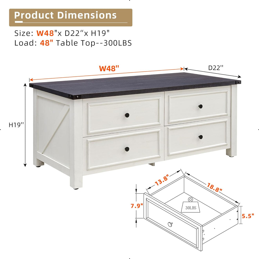 Farmhouse Coffee Table with Storage Drawers, Modern Center Table, White