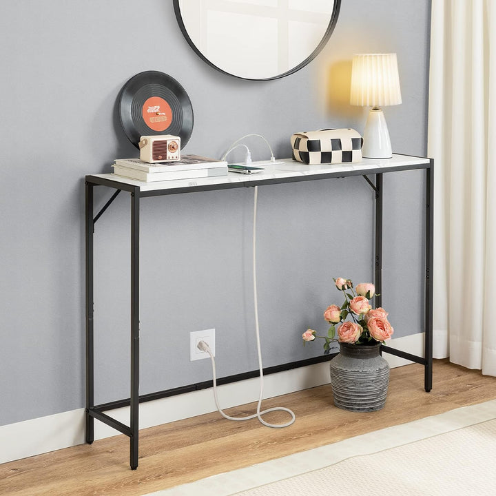 Console Table, Narrow Sofa Table, 43.3 Entrance Table with Power Station, Behind Couch Table, Simple Style, for Living Room, Hallway, Entryway, Foyer, Marble and Black CTHM112E01