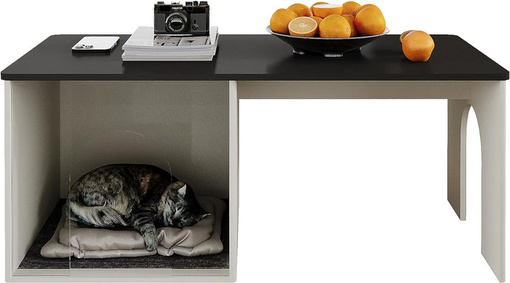 Farmhouse Coffee Table, Wooden Modern Cocktail Table with Cat House, White & Black