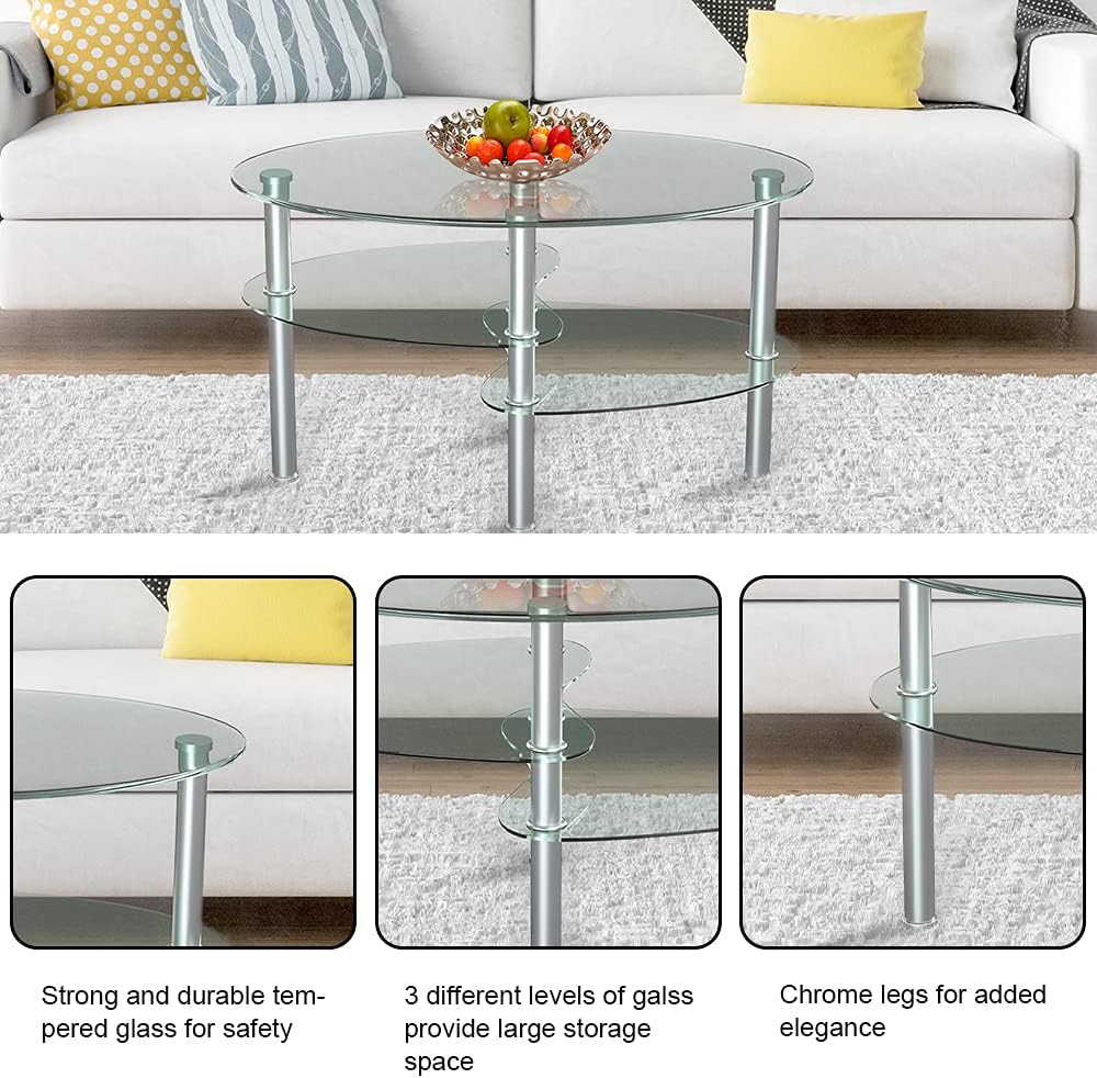 Nidouillet 3-Tier Tempered Glass Coffee Table, Oval, Gray