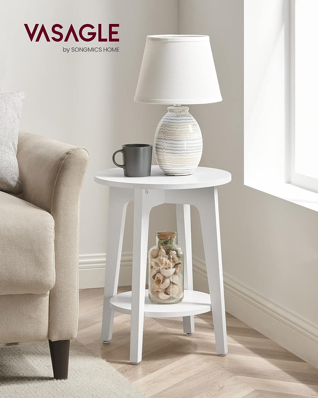 Round Side Table, End Table, Nightstand, White