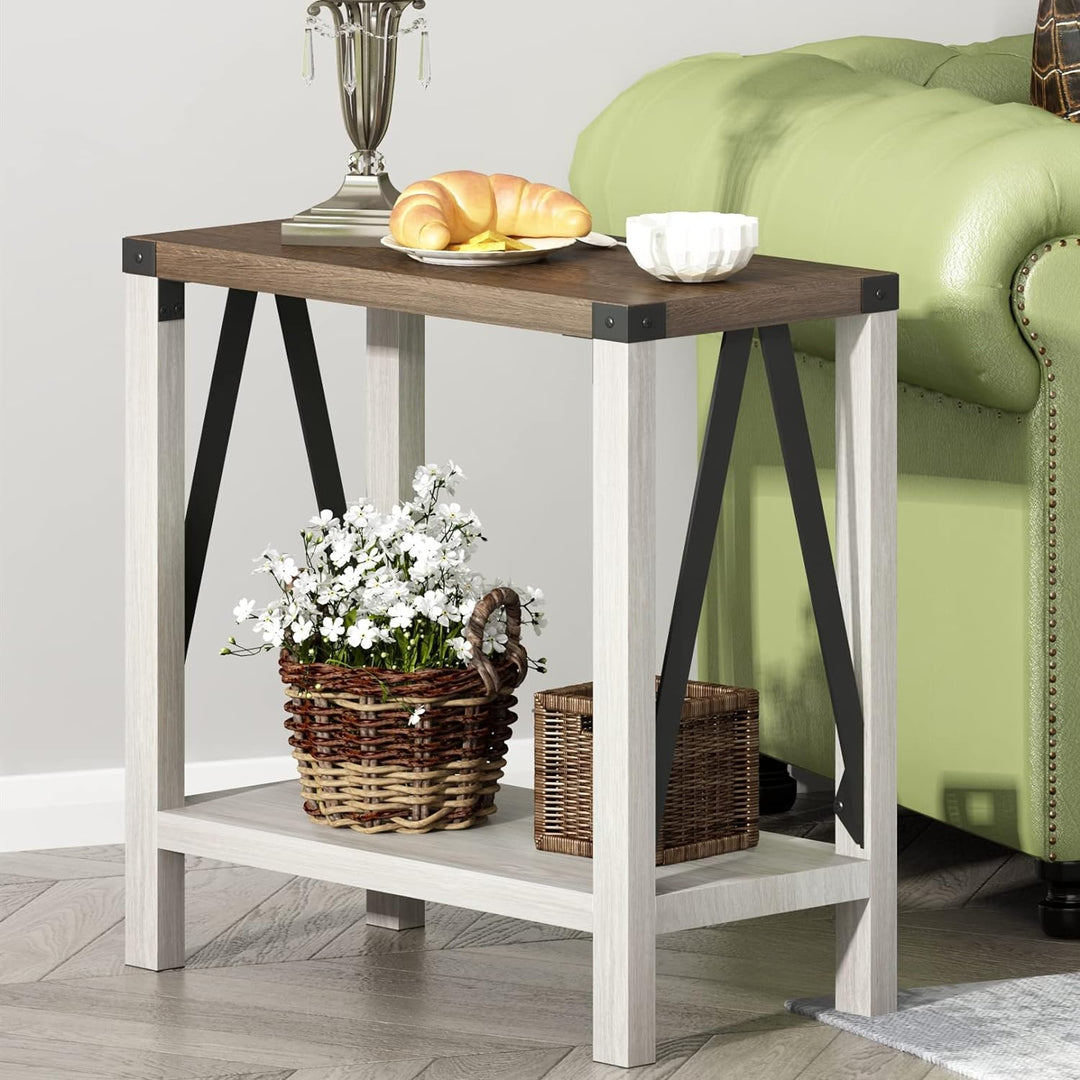 Farmhouse End Table, Rustic Nightstand (White & Brown)