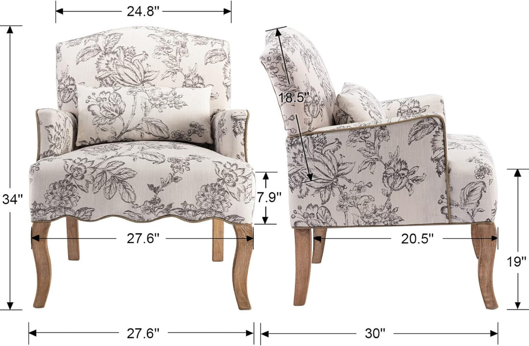 Floral Accent Chair Linen Upholstered Armchair